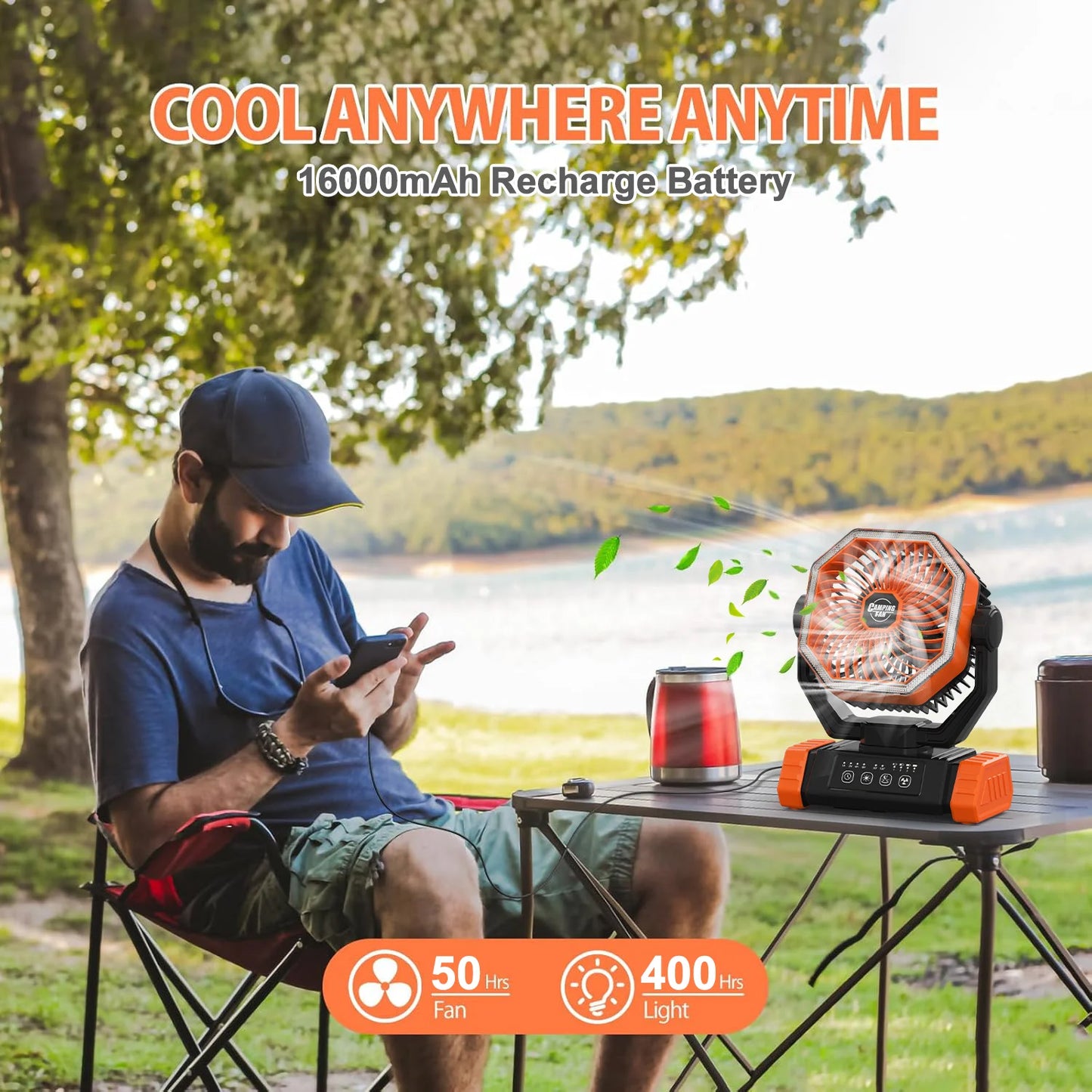 A camping fan powered by a 40000 mAh battery