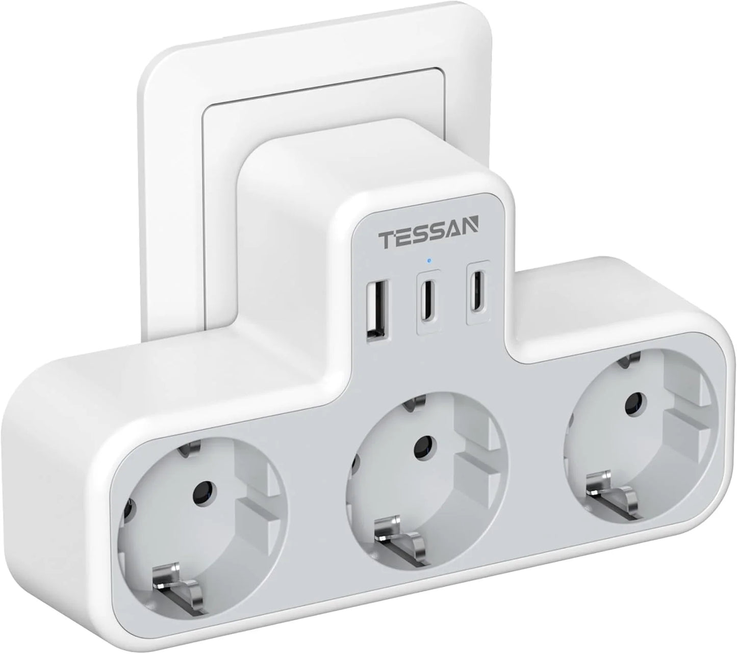 TESSAN EU Plug Power Strip with 3 AC Outlets +2 USB Ports+ 1 Type C, 6-in-1 Plug Socket Adapter Wall Charger for Home Office