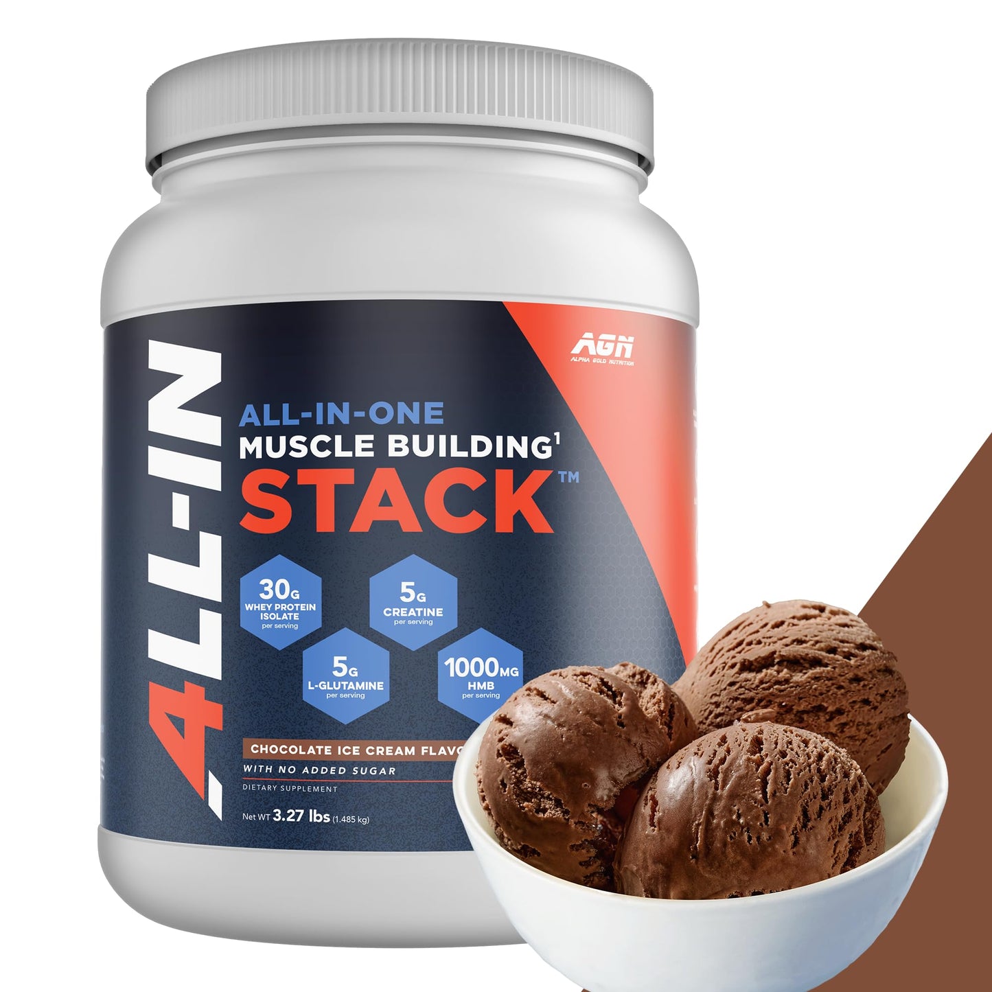 Alpha Gold Nutrition All-in-One Muscle Building Stack - Chocolate Whey Protein Isolate Creatine Monohydrate HMB and L-Glutamine 4 Products in one Nothing Artificial 30 Servings
