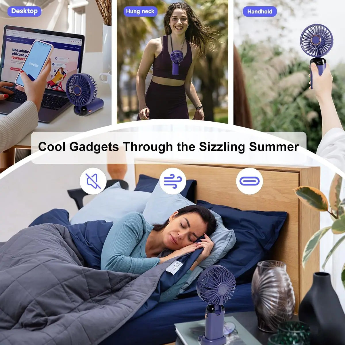 Portable 12-Hour Fan with LED Display, 3200mAh Battery, Foldable Design, 5 Speeds, Handheld/Neck/Desk Use - Purple