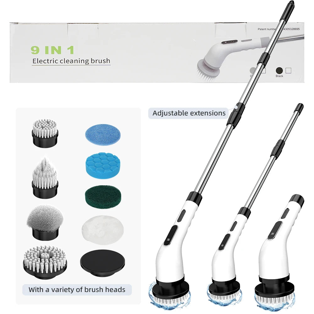 9-in-1 Electric Cleaning Brush Cordless Rotating Scrubber Multifunctional Household Cleaner for Kitchen Bathroom Floor