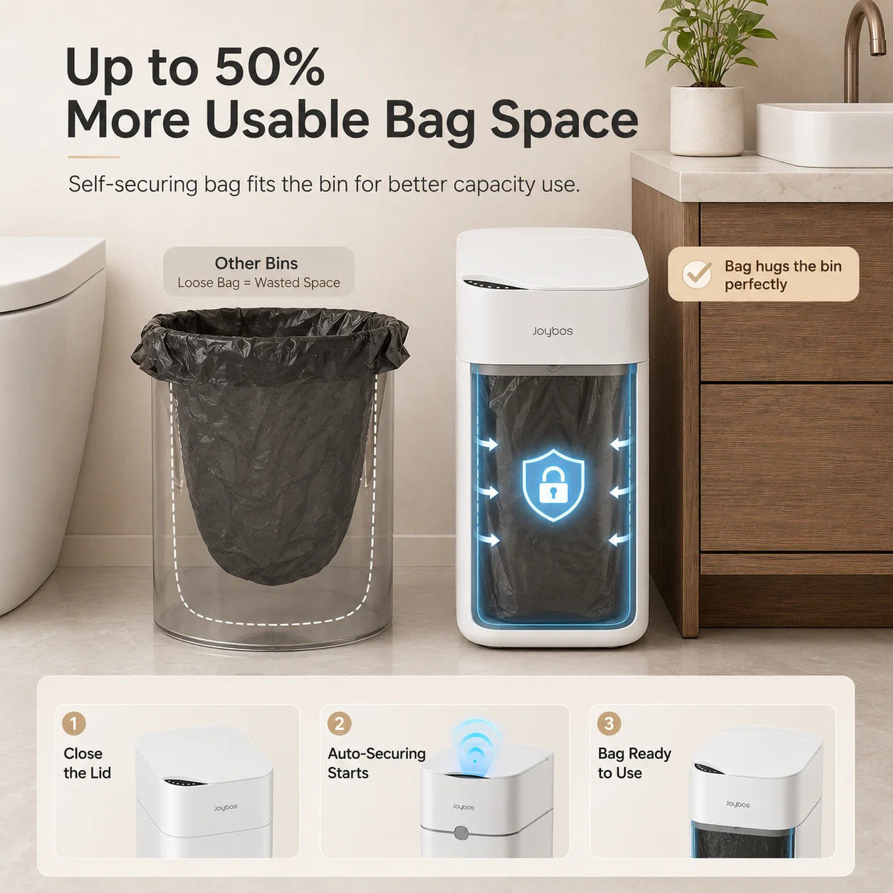 JOYBOS Touchless Trash Can with Motion Sensor & Auto Bag-Suction System, Hands-Free Operation Suitable for Small Spaces, Compact Waste Bin with Press-to-Open Lid, ABS/Polypropylene Garbage Pail, RV, Narrow Corners, RV Essenti