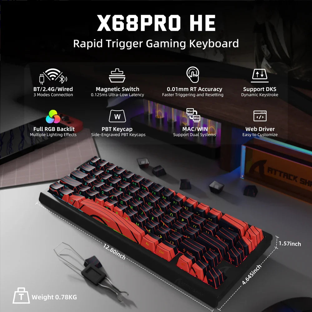 ATTACK SHARK X68PRO HE Wireless Rapid Trigger Gaming Keyboard