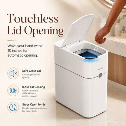 JOYBOS Touchless Trash Can with Motion Sensor & Auto Bag-Suction System, Hands-Free Operation Suitable for Small Spaces, Compact Waste Bin with Press-to-Open Lid, ABS/Polypropylene Garbage Pail, RV, Narrow Corners, RV Essenti