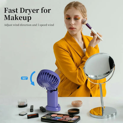 Portable 12-Hour Fan with LED Display, 3200mAh Battery, Foldable Design, 5 Speeds, Handheld/Neck/Desk Use - Purple